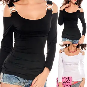 

Women Solid Color Cold Shoulder T-Shirt Long Sleeve Low Cut Slimings Fit Blouse Top clothing solid fashion clothing