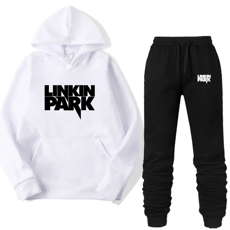 Модные толстовки с капюшоном LINKIN PARK из двух предметов, спортивная одежда для мужчин, спортивный костюм с капюшоном, осенняя мужская брендовая одежда, толстовки+ штаны, комплекты - Цвет: white