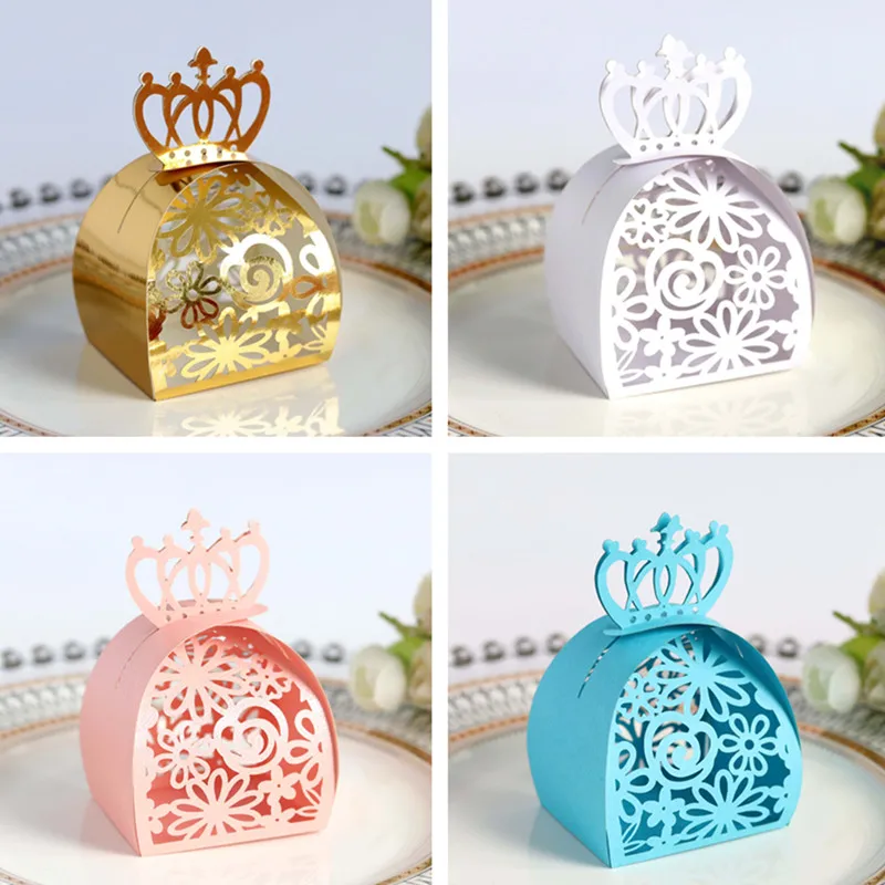 

10pcs Gold Wedding Favor Box Gift Bags Rose Laser Cut Hollow Candy Dragee Baptism Box for Chocolate Cardboard Box Paper Box