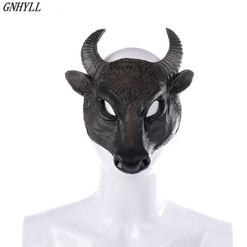 

GNHYLL Halloween Carnival Party Black Buffalo Face Cosplay With OX Horn Realistic Animal Mask