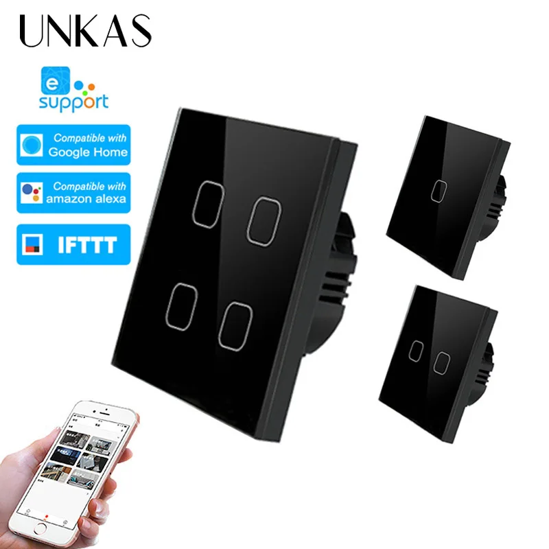 

UNKAS ewelink Smart Home 1/2/4 Gang 1 way Wireless WiFi EU Standard Touch Switch Wall Light Switch,Luxury Crystal Glass