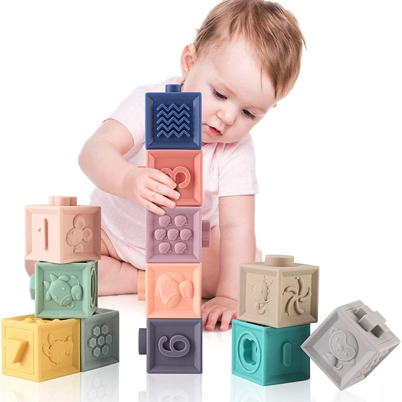 Bloques de construcción de silicona para bebés, juguetes mordedores para bebés de 0 a 12 meses, de apilamiento para niños, Cubo de de construcción suave para niños de 1 año|Móviles