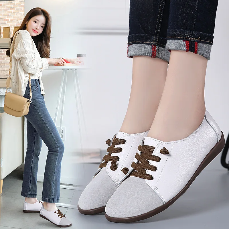 Zapatos planos de mujer de cuero genuino suave talla grande 43 zapatos de barco de gamuza de retales para mujer con velcro masaje C481