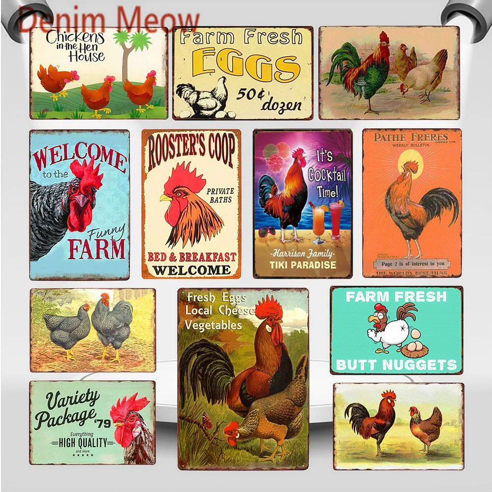 Happy Chickens Lay More Eggs Metal Sign Rooster's Coop Shabby Chic Wall Art Plate Farmhouse Decoration Animal Wall Poster WY82