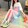 Rainbow Mesh Stitching Loose Mid-length Short-sleeved T Shirt Lace Elegant Dress Women 2022 Summer Ins Fashion Ladies Dresses ► Photo 3/6