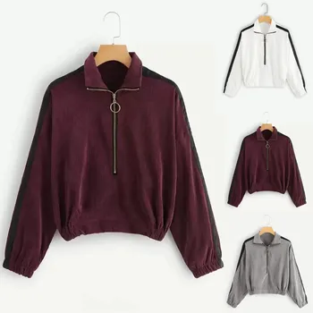 

Fashion Women's Long Sleeve Zipper Contrast Tape Side Corduroy Sweatshirt Dropshipping free shipping Leisure fashion The New