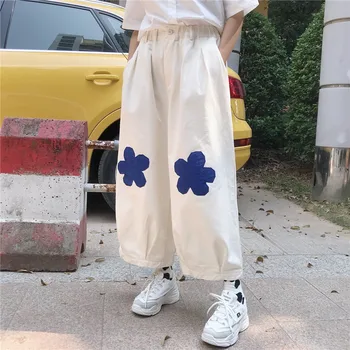 

Japanese Summer Kawaii Soft Girly Trousers Casual Wide Leg Pants Straight Pants Teen Sweety Flower Patch Loose Students Pants