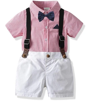 

Baby Boys Gentleman Outfits Set Short Sleeve Romper with Tie and Overalls Bib Pants Outfits