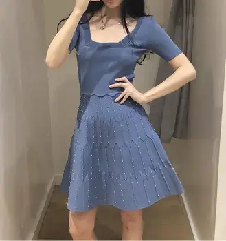 

2020 Spring And Summer Square Collar Ladies' Slim Fit Inserted Beads Trumpet Jersey Dress