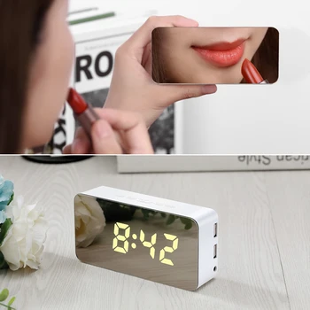 

New LED Mirror Alarm Clock Digital Snooze Table Clock Wake Up Light Electronic Large Time Temperature with USB Charging Function