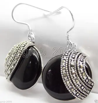 

handmade 18*18mm nature black agate gem Beads Marcasite Earrings