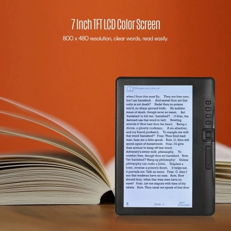  Portable 7 Inch 800 x 480P E-Reader Color Screen Glare-Free Built-In 4GB Memory Storage Backlight B