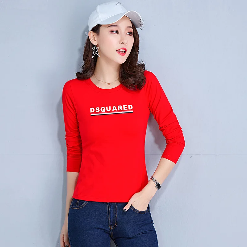 

2019 Spring And Autumn New Style Fashion Long Sleeve WOMEN'S Top Korean-style Slim Fit Slimming Trendy Letters Base Shirt
