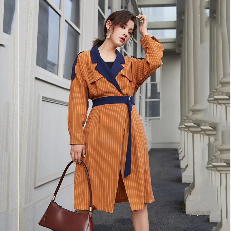

LANMREM 2020 Stripe Contrast Color Windbreaker Women's Long Section Spring New Over-the-knee Suit Collar Tie Thin Coat 19B-a381