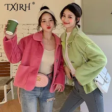 TXJRH стильный искусственный мех норки нагрудные карманы пушистое меховое пальто женская зимняя теплая Свободная куртка пальто Топы 4 ярких цвета