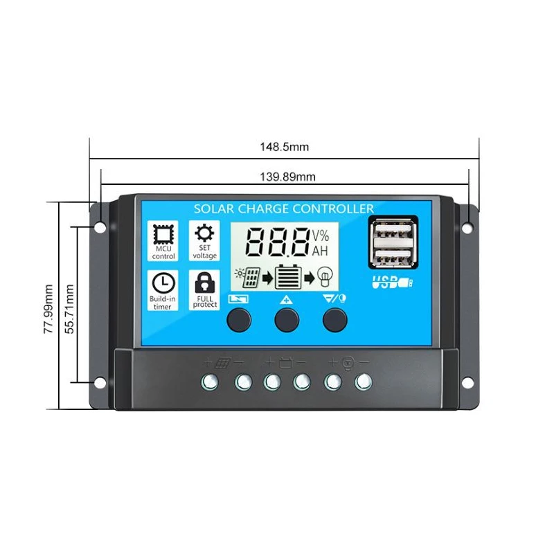 10A 20A 30A 40A 50A 60A за максимальной точкой мощности, Солнечный Контроллер заряда 12V 24V режимы Auto, PWM 5V Выход регулятор фотоэлектрических домашних Батарея Зарядное устройство ЖК-дисплей с двумя портами USB