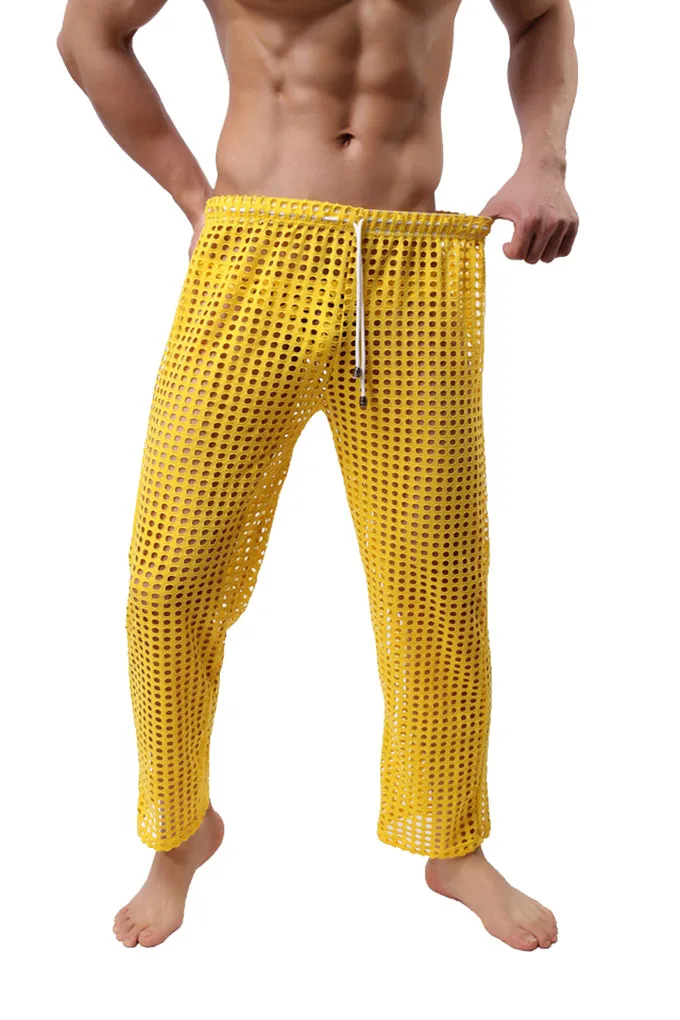 Men's Fashion Sexy Transparent Mesh Pants Drawstring Breathable Trousers Fashion Loose Casual Pajama Pants