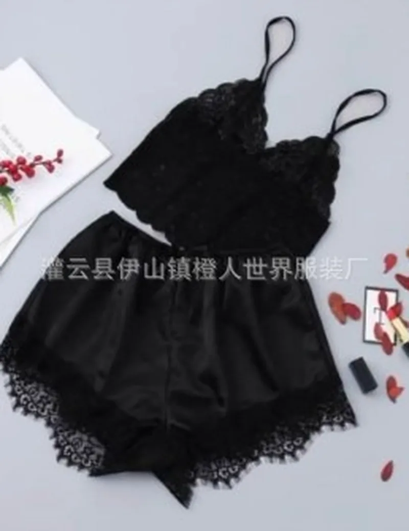 Женские пижамы сексуальная одежда для сна Нижнее белье Pijama Mujer шелковые пижамы кружевные атласные женские пижамы с v-образным вырезом тонкая Домашняя одежда домашняя одежда