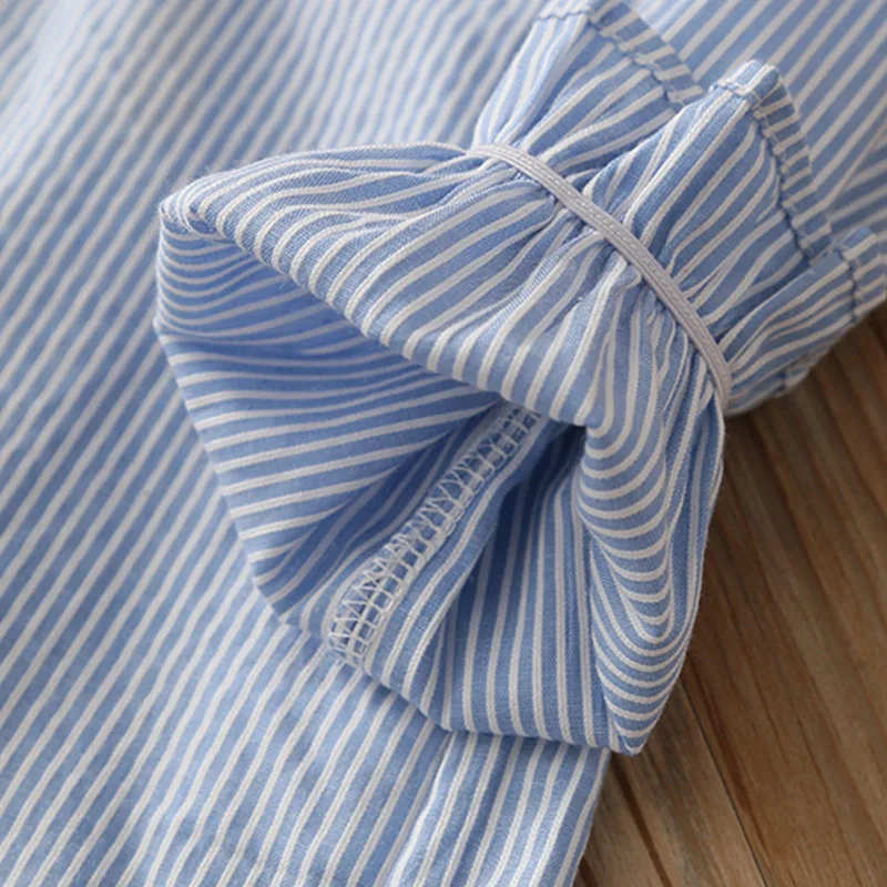 New Spring Autumn 2 3 4 6 8 10 Years Cotton White Blue Striped Embroidery Flower Flare Sleeve Kids Baby Girls Blouse Shirt