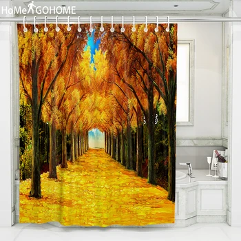 

Autumn Forest Oil Painting Print Shower Curtain 3D Yellow Nature Bathroom Curtain Thicken Waterproof Thickened Bath Curtains