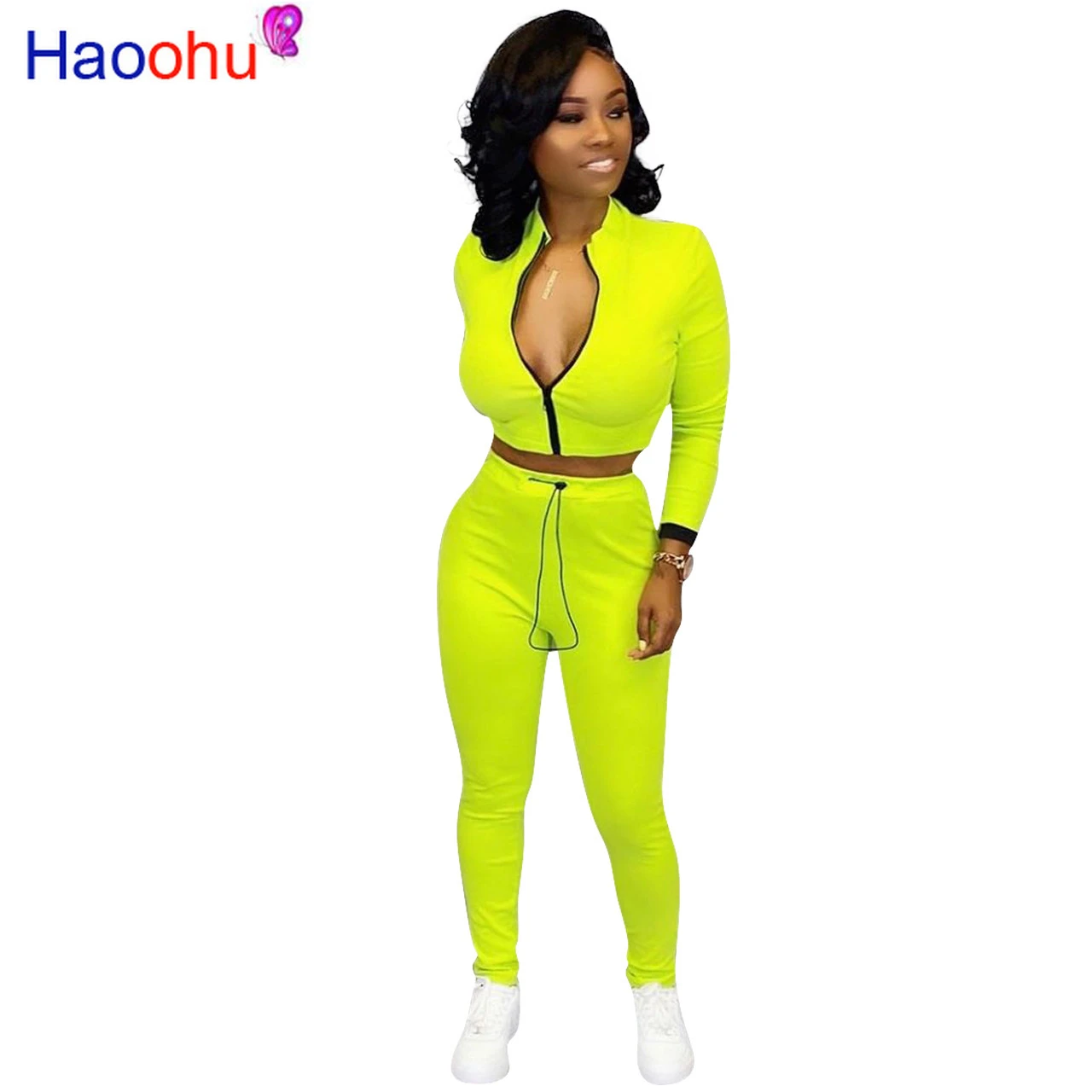 HAOOHU neón amarillo piezas conjunto chándal mujer ropa Crop superior y pantalones chándal 2 piezas conjuntos juego Sexy trajes de otoño|Conjuntos de mujer| - AliExpress