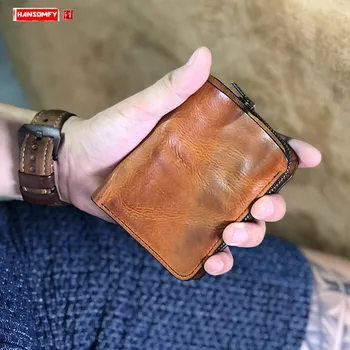 

Mini Purse Men's Short Wallet Retro Leather Vertical Card Holder Small Wallets Handmade Cowhide Original Genuine Leather Men