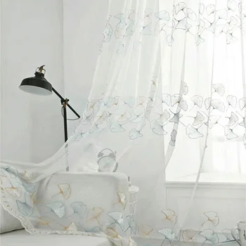 

Ginkgo Biloba Embroidered Voile Curtains for Bedroom Flower Screens European Style Voile Tulle Sheer Drapes M168C