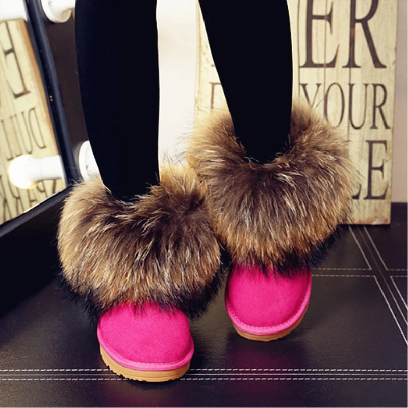 

Natural Fox Fur Women's Winter Snow Boots Top Quality Cotton Boots Winter Cow Muscle Big Round Toe 100% Genuine Leather