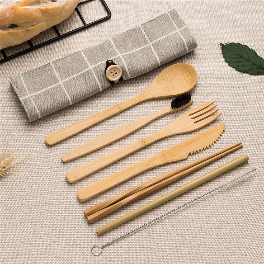 Набор столовых приборов из бамбука, набор столовых приборов, деревянная солома с дорожным тканевым мешком, деревянная ложка, вилка, нож, набор посуды