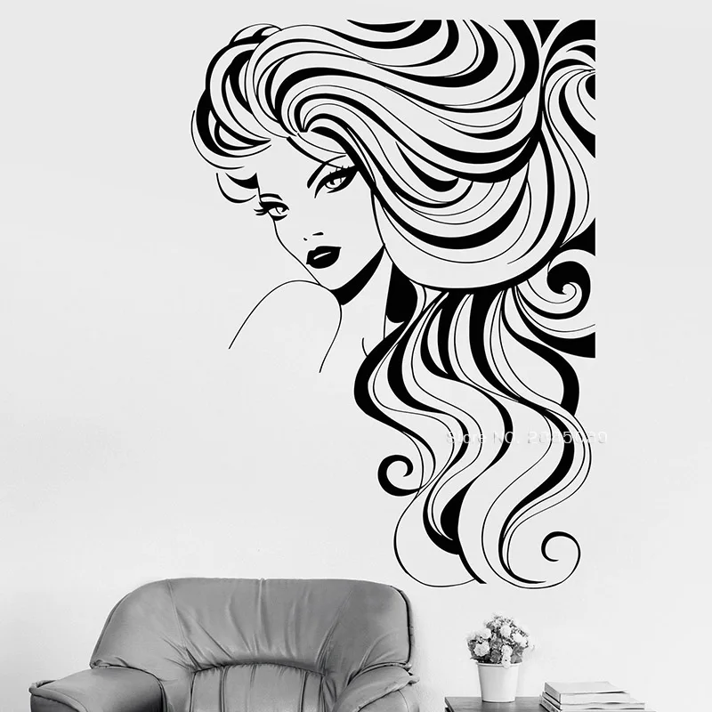 725 25 De Réductioncheveux Longs Filles Vinyle Sticker Mural Belle Mode Fille Modèle Beauté Salon De Coiffure Autocollants Décor à La Maison