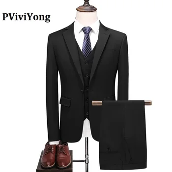 

PViviYong brand 2020 high quality suit men Casual dress black Business Suit Three-piece (Jackets + Vest + Pants) 6103