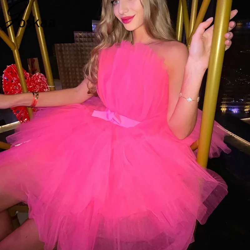 

Joskaa Elegant A-line Mesh Party Rose Pink Off Shoulder Bow-knot Sexy Club Sleeveless Ball Gown MIni Dress Plus Size XXL