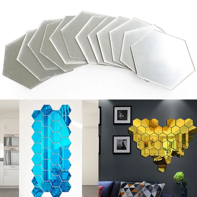 Self-adhesive Hexagon Mirror Wall Stickers Home Decor Living-Room Bedroom Decoration Shower Wall Mirror Stikers Decal DIY 12PCs wall stickers