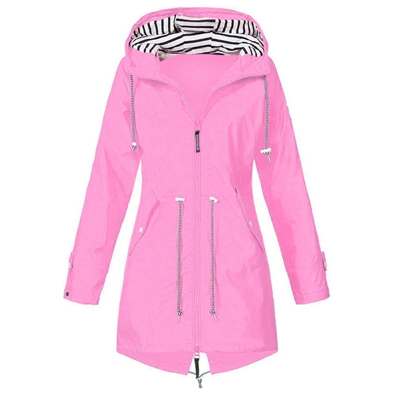 Женские ветрозащитные Длинные куртки с капюшоном, приталенная тонкая верхняя одежда на молнии, разноцветные осенне-зимние пальто, спортивное пальто для улицы - Цвет: Фуксия