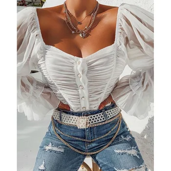 

Women Chiffon Blouse Femal Sheer Mesh Ruched Bell Sleeve Blouse
