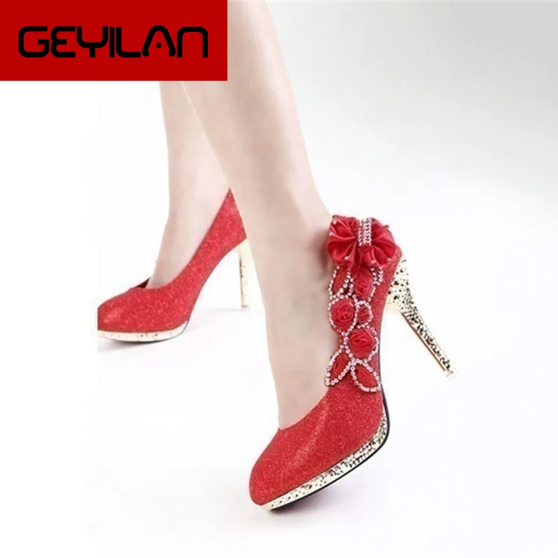 Wedding Shoes Bridal Pumps Women Girl Platform Crystal Rose Flower