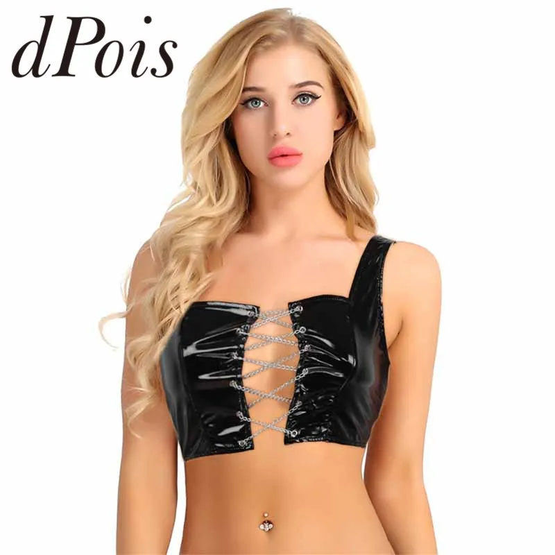 Женский бюстгальтер из лакированной кожи с эффектом мокрого вида, топ с цепочкой и шнуровкой, укороченный топ, короткий жилет, бюст-повязка, Клубная одежда, топ на бретелях
