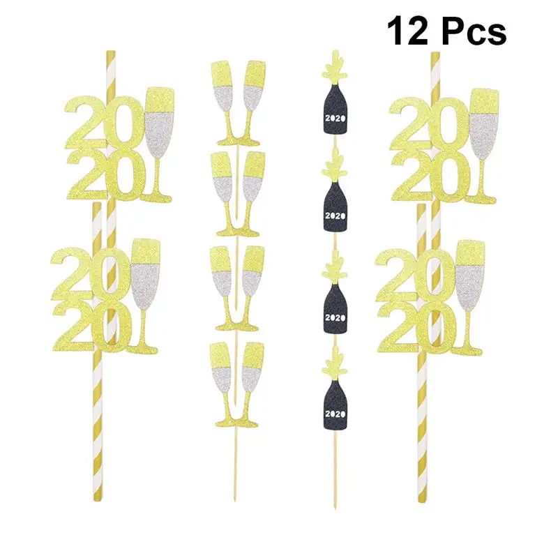 

12pcs 2020 Happy New Year Champagne Glasses Celebrating Cake Topper Paper Cupcake Picks (4pcs Each Style)