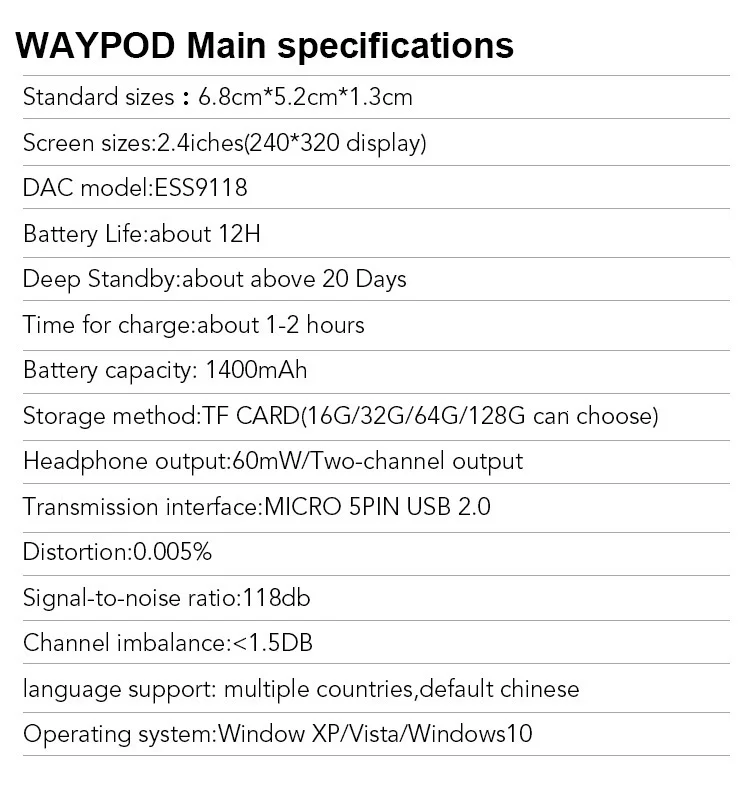 Waypod D6 ESS9118 DAC портативный музыкальный плеер без потерь мини Hi-Res HIFI DAP MP3 DSD128 DSD256 для бега спорта