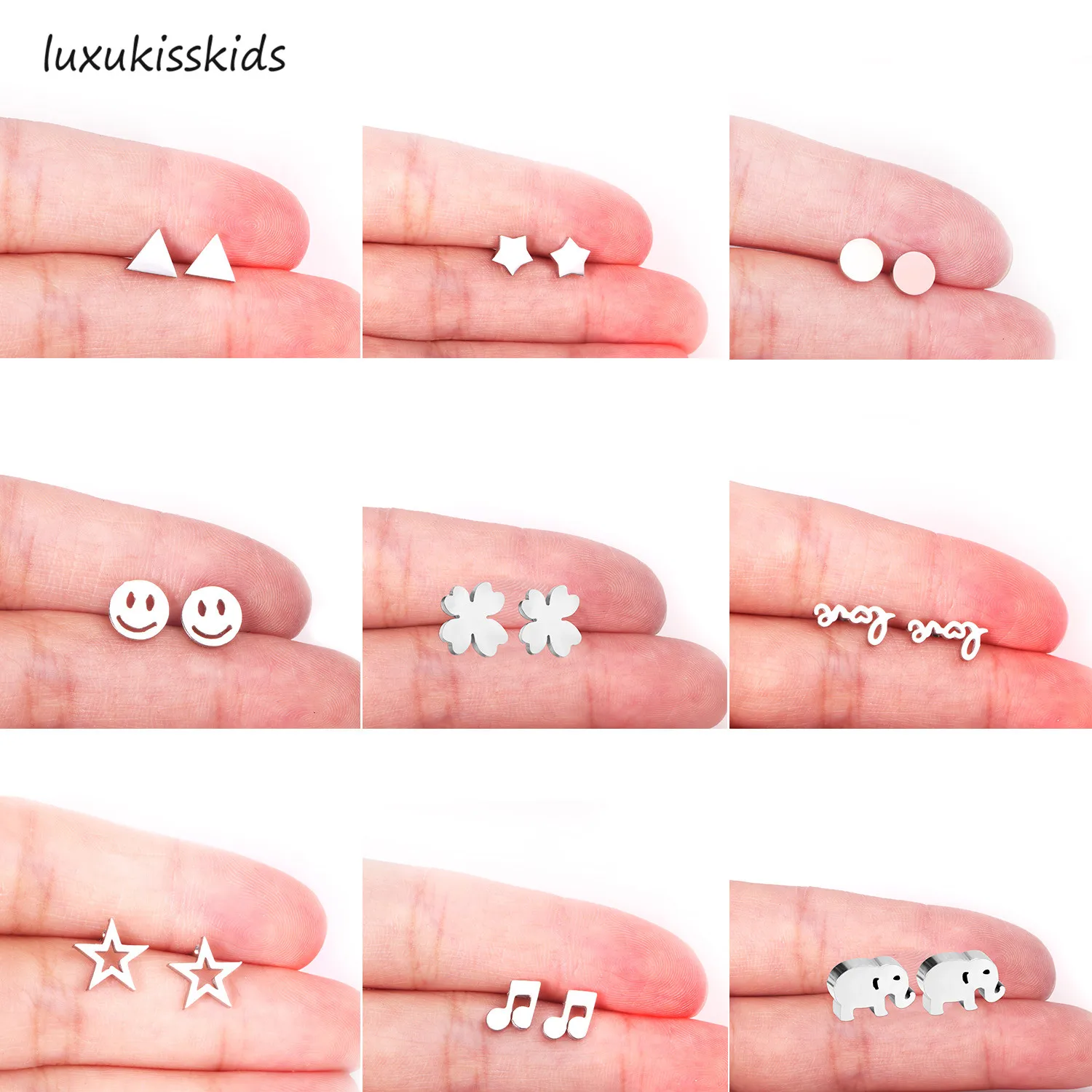 

LUXUKISSKIDS Patterns Silver Color Earrings 316L Stainless Steel Small Stud Earrings Set Jewelry Stud Earring For Women/Girl/Men