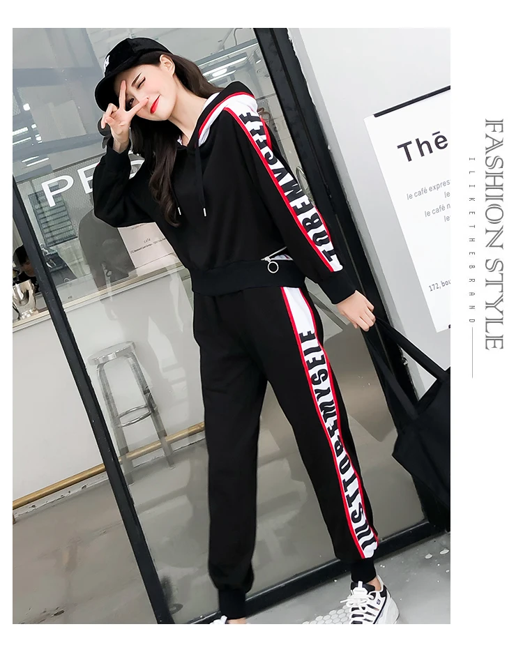 

Oshangchaopin Women Autumn New 2-piece Set High Quality Print Letters Hooded Loose Short Sweatshirt+Casual Trousers Sport Outfit