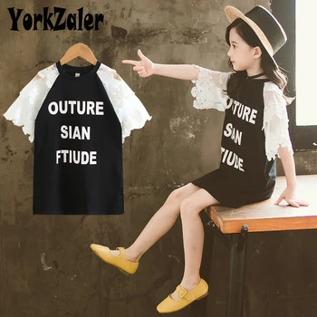 

Yorkzaler Summer Kids Princess Dress For Girls Lace Short Sleeve Printed letter Children Beach Dress Cotton Fashion Clothes