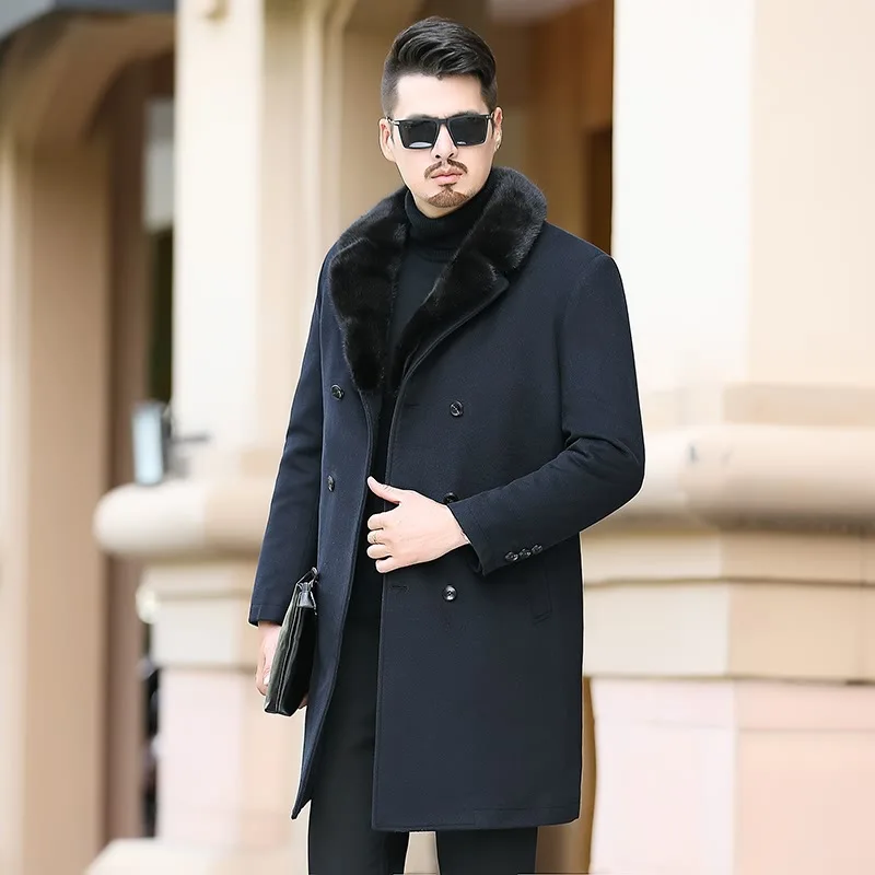 Большой натуральный меховой воротник монтео Homme Hiver утолщенная теплая шерстяная подкладка мужское шерстяное пальто