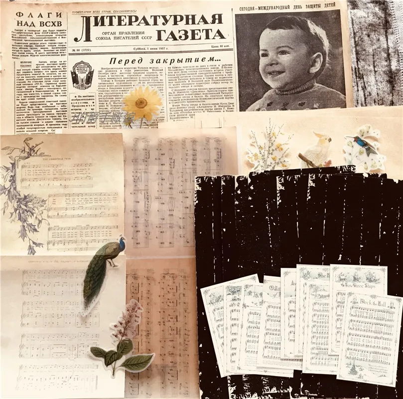 

39pcs/lot Old English Newspaper Material Paper Retro Pocket Card Music Score Old Black Background Sticker DIY Scrapbooking photo