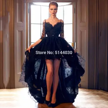

2019 High/Low Gothic Black Lace Wedding Dresses With 3/4 Sleeves Off The Shoulder Colorful Bridal Dress Asymmetrical