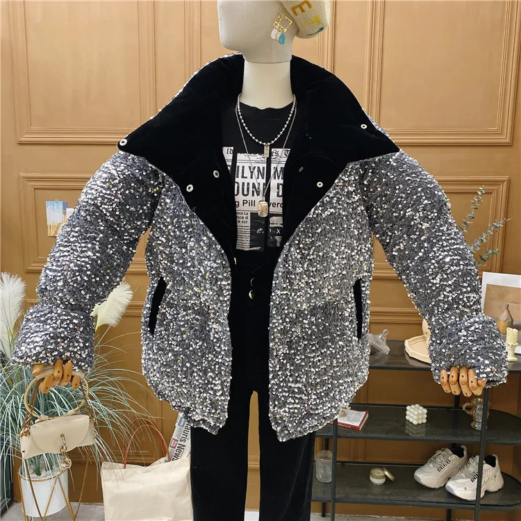 

Winter 2020 New Standing Collar Sequins Splice Gold Velvet Liner Cotton Jacket Women Thickened Warm Black Parka Coat