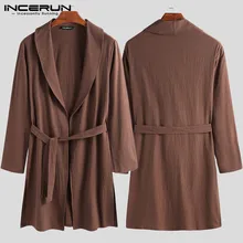 INCERUN, мужские халаты, винтажные, одноцветные, для фитнеса, хлопковые, с длинным рукавом, повседневные, длинные, халаты, домашняя одежда, с отворотом, кимоно, мужские пижамы, S-3XL