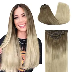 POPUKAR Human Hair Extensions Clip in Ombre Ash Brown to Platinum Blonde 120g 7pcs 18 Inch Straight Real Remy Hair for Women