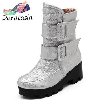 

DORATASIA Women Hook Loop Chunky Heel Shoes Platform Snowboots Winter Boots Women Solid Round Toe Buckle Platform Boots