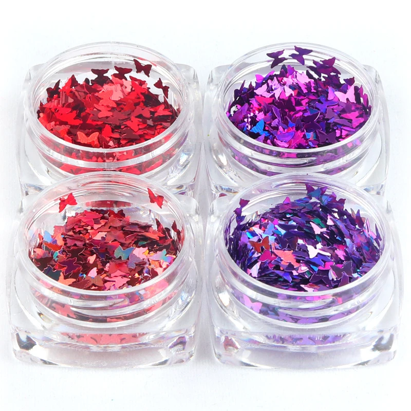

4 Box/Set Holographic Laser Butterfly Shape Nails Art Decoration Sparkly 3D Red purple Sequins Spangles Polish Nails Accessories